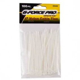 A pack of 100 G FORCE 25226 11" x 3/16" clear nylon cable ties, designed for industrial use, is visible through clear packaging with yellow and black labeling.
